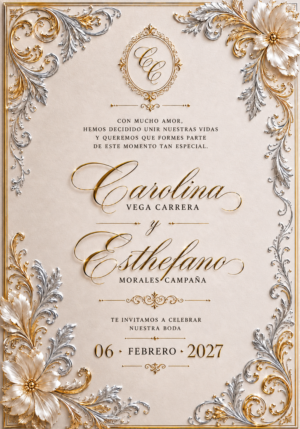 Invitación de iglesia de Carolina Vega Carrera y Esthefano Morales Campaña, 6 de febrero de 2027